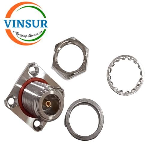N-FEMALE-4-HOLE-FLANGE-SCREW-CONNECTORES2.jpg VSW-111114A -- RF CONNECTOR - 50OHMS ,N FEMALE,STRAIGHT ,4-HOLE FLANGE MOUNT 5MM EXTENDED TEFLON PCB MOUNT - Image 1