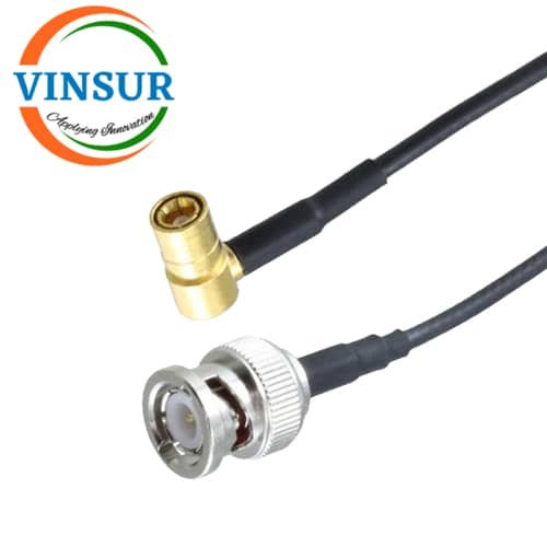 RF CABLE ASSEMBLY - 50 OHMS , BNC MALE, STRAIGHT TO SMB MALE, RIGHT ANGLE FOR RG174 CABLE BNC Male Straight to SMB Male Right Angle for RG174 Cable of Length 1.53M - Image 1